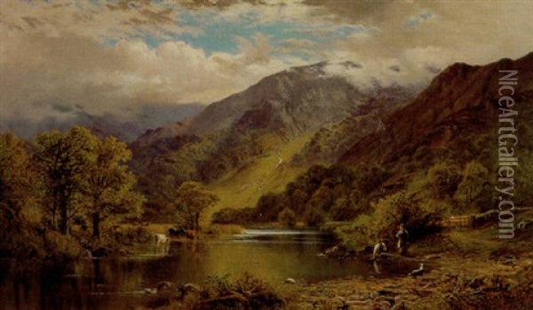 Inverness Mountain Landscape With Cattle And Figures Oil Painting - Alfred Augustus Glendening Sr.