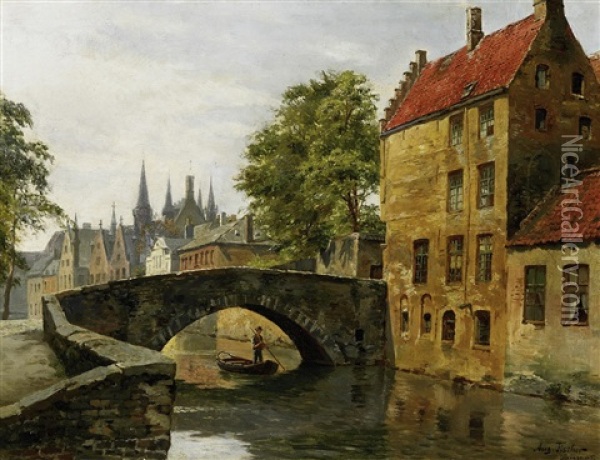 Ansicht Von Brugge Mit Rathaus Oil Painting - August Fischer