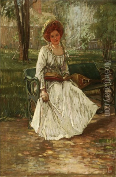 Young Woman Seated With Book And Mandolin Oil Painting - Pauline Palmer