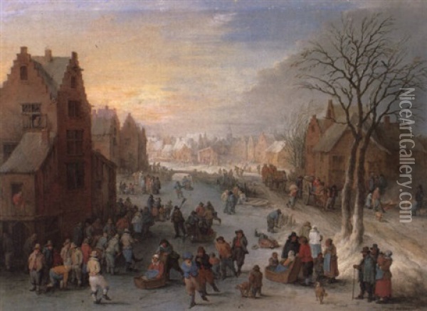 Winter Townscape With Numerous Figures Skating On A Frozen River Oil Painting - Theobald Michau