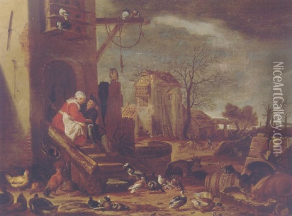 A Couple Embracing By A Farmhouse, The Prodigal Son Among The Swine Beyond Oil Painting - Cornelis Saftleven