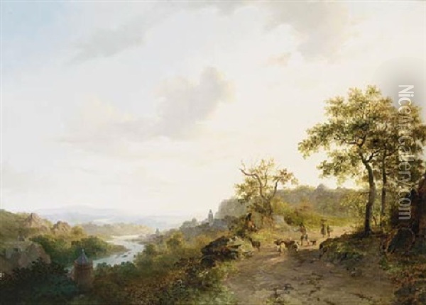 An Extensive Summer Landscape With A Shepherd And His Flock Oil Painting - Frederik Marinus Kruseman