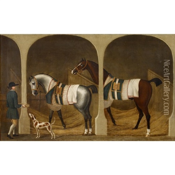 Racehorses In A Stable Oil Painting - James Seymour