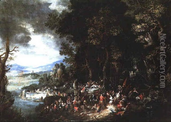 The Conversion Of St. Paul In A Wooded Landscape, An Extensive River Valley Beyond Oil Painting - Johannes Jakob Hartmann