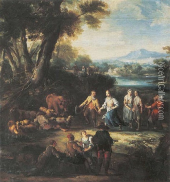Countryfolk Dancing In An Italianate Landscape Oil Painting - Pietro Domenico Oliviero