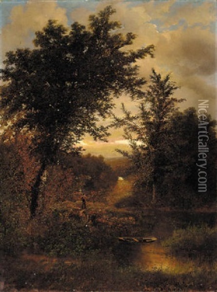 River Landscape Oil Painting - George F. Fuller