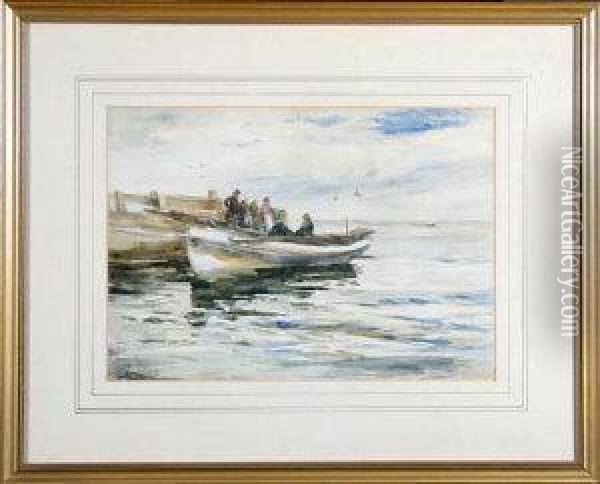 A View On The Yorkshire Coast With A Coble Moored At A Jetty Oil Painting - Robert Jobling