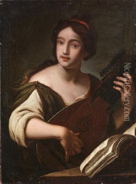 A Young Woman Playing A Lute Oil Painting - Nicolas Regnier