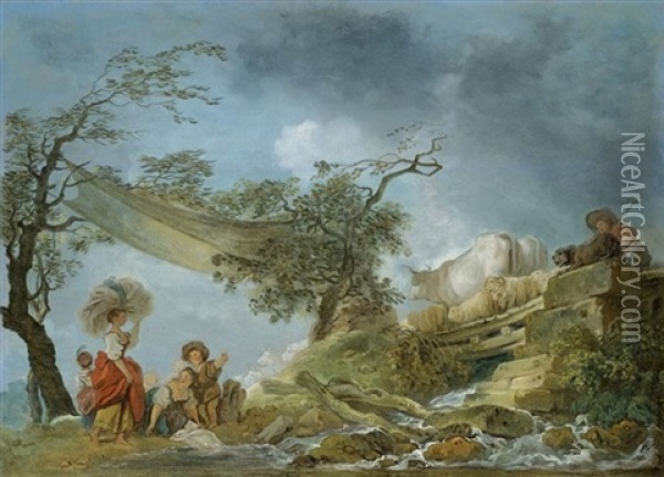 A Landscape With Women Watching A Drover And His Flock Crossing A Bridge (le Pont Du Bois) Oil Painting - Jean-Honore Fragonard