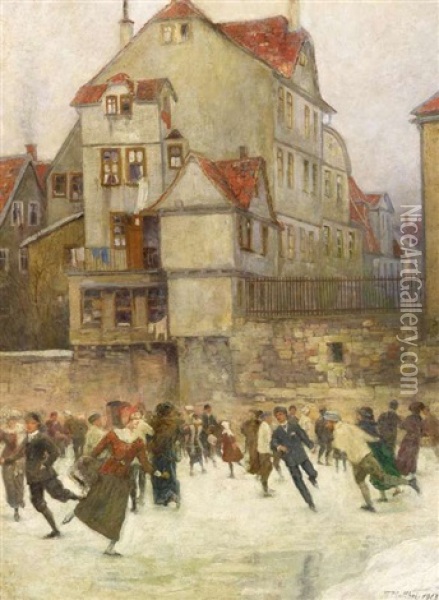 Kassel. Schlittschuhlaufer Auf Dem Eis Nahe Der Fuldabrucke Oil Painting - Theodor Matthei