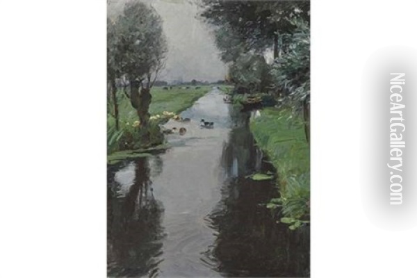 Kanallandschaft Mit Enten Oil Painting - Alexander Max Koester