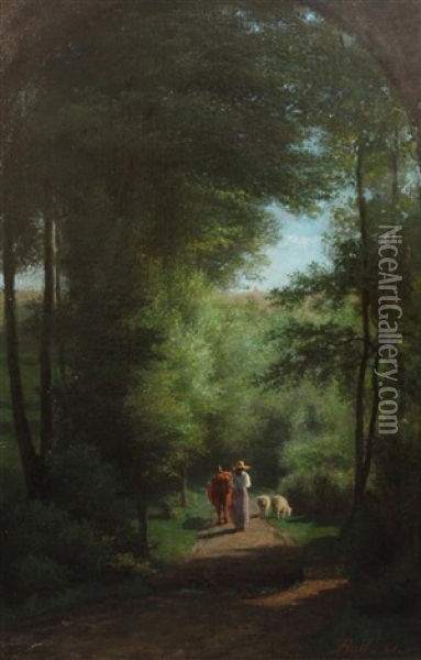 Cow Herd On A Lane In Woodland And Painted With Faux Arch Oil Painting - Joseph Bail