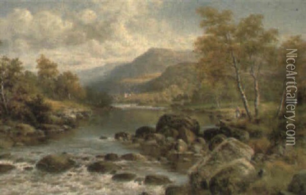 Figures By A River Below Capel Curig Oil Painting - William Henry Mander