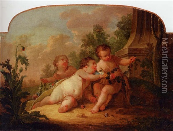 Putti Stringing Flowers In An Ornamental Garden Oil Painting - Charles Dominique Joseph Eisen