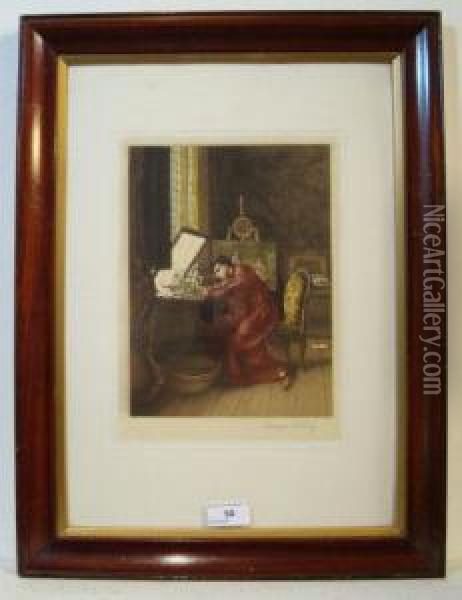 Gentleman Artist Working In His Studio Oil Painting - Ernest Stamp