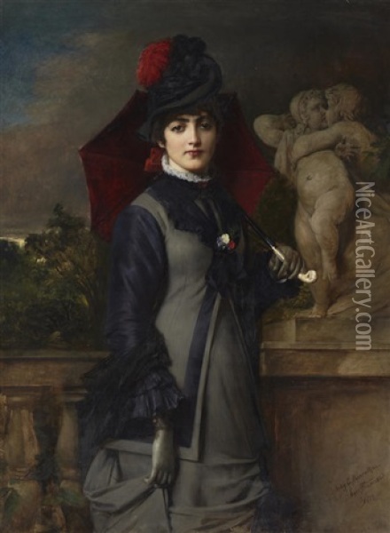 Portrait Of A Young Woman With A Parasol Oil Painting - Tobias Edward Rosenthal