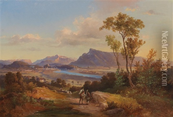 View Of Salzburg With The Untersberg And Hoher Goll In The Background Oil Painting - Friedrich Fritz Zeller