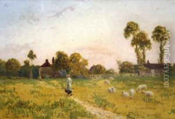 A Figure Walking Across A Pasture With Sheep Grazing Oil Painting - Thomas Pyne