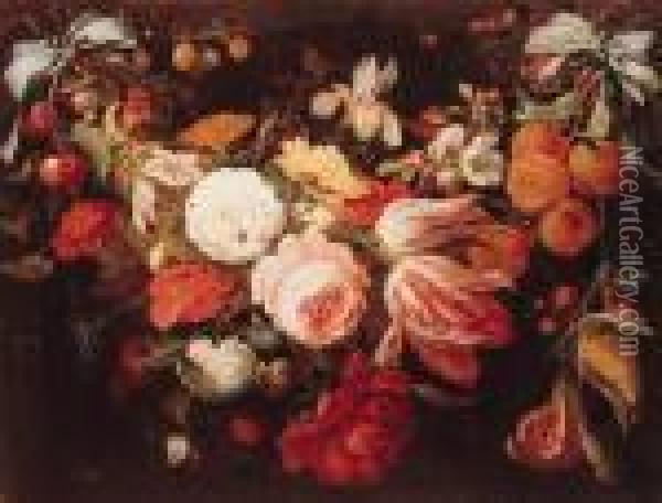 A Swag Of Flowers And Fruit With Caterpillars, Beetles, Butterfliesand A Snail Oil Painting - Abraham Mignon