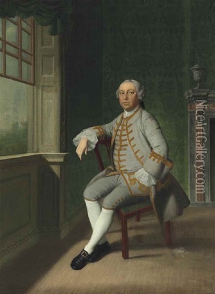 Portrait Of A Gentleman, Small Full-length, In A Grey Coat With A Brown Trim And Matching Waistcoat Oil Painting - John Hamilton Mortimer