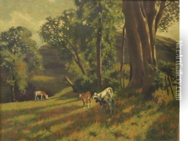 Calves Grazing In A Sunny Wooded Landscape Oil Painting - Thomas Corson Morton