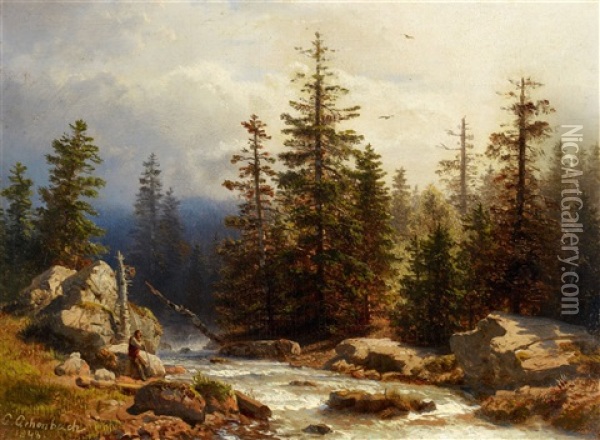 Forest Landscape With An Angler Oil Painting - Andreas Achenbach