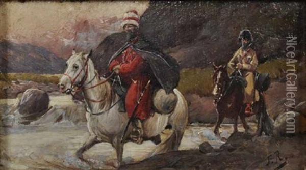 Zwei Kosaken, Eine Furt Durchquerend Oil Painting - Franz Roubaud
