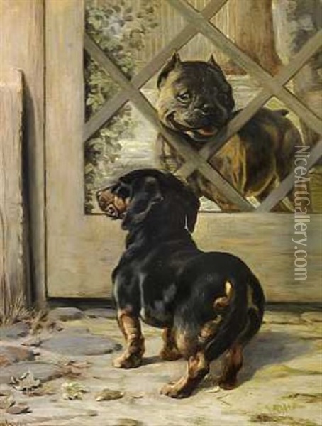 En Gravhund Og En Bulldog Oil Painting - Simon Simonsen