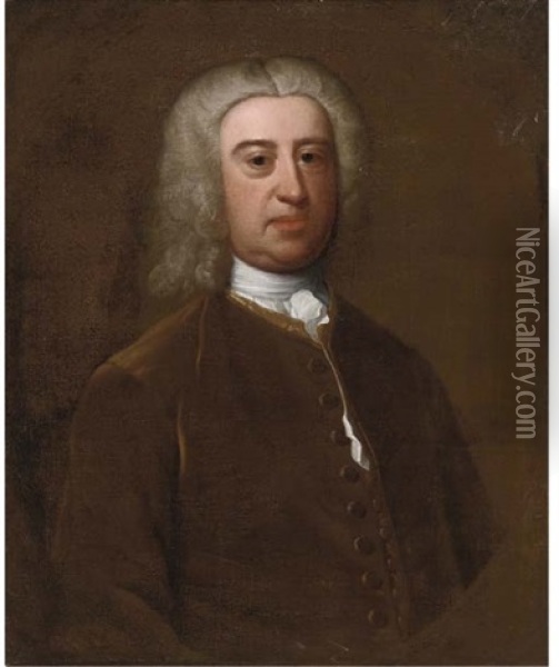 Portrait Of James Harris Of Salisbury In A Brown Coat, Feigned Oval Oil Painting - Arthur Pond