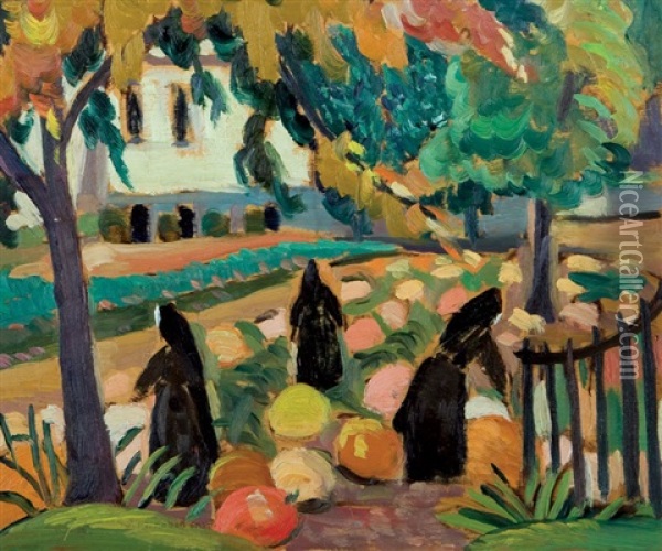 Mother House - Nuns Of The Congregation And Pumpkins (also Known As In The Garden Of The Mother House - St. Luke Street) Oil Painting - Sarah Margaret Armour Robertson