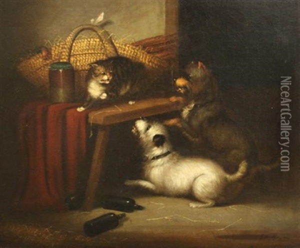 Interior With Dogs Chasing A Cat Oil Painting - George Armfield