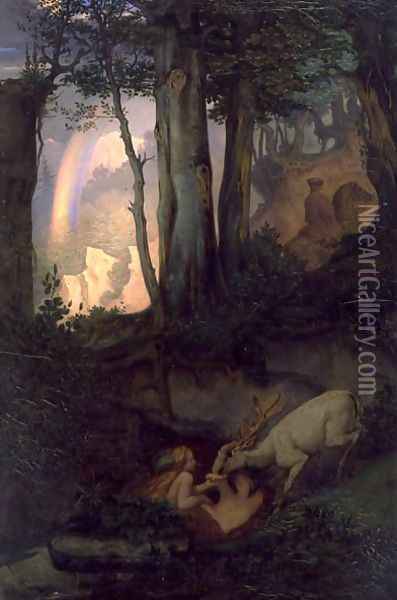 Waternymphs watering a stag, c.1844-47 Oil Painting - Moritz Ludwig von Schwind