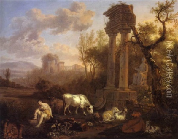 Hirtenidylle Vor Romischen Ruinen Oil Painting - Michiel Caree