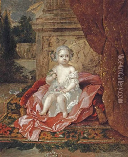 Portrait Of A Boy, Full-length, Holding Flowers In His Right Hand, Sitting On A Pink Drape, Beside A Column Oil Painting - Constantyn Netscher