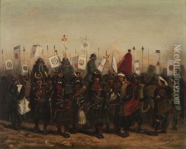 Japanese Samurai Dressed For Battle With Military Banners And Japanese Flags Flying Oil Painting - Charles Wirgman Sr.