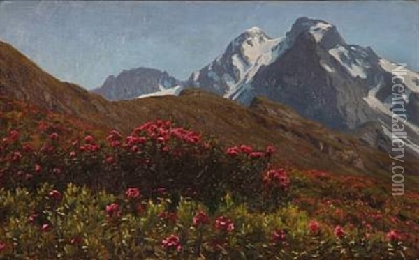 Alp Landscape With Red Flowers Oil Painting - Henrik Gamst Jespersen