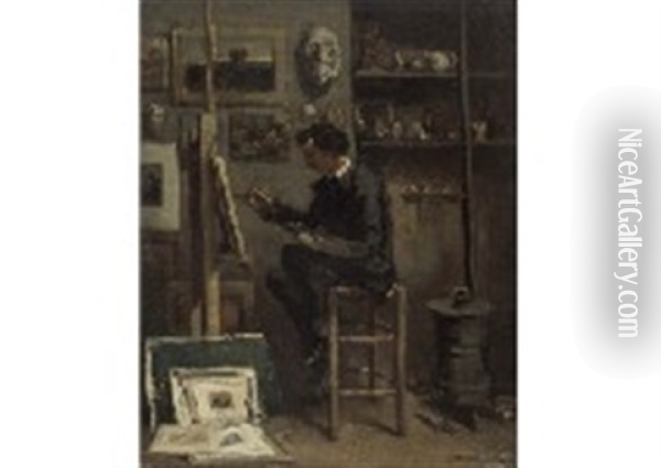 Le Peintre Chaigneau Dans I'atelier De Barbizon Oil Painting - Jules Jacques Veyrassat