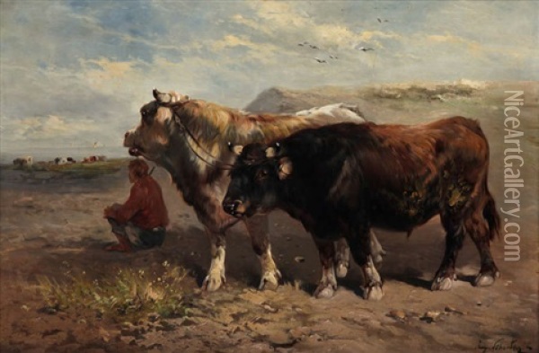 Paysan Avec Vaches A La Plage Oil Painting - Henry Schouten