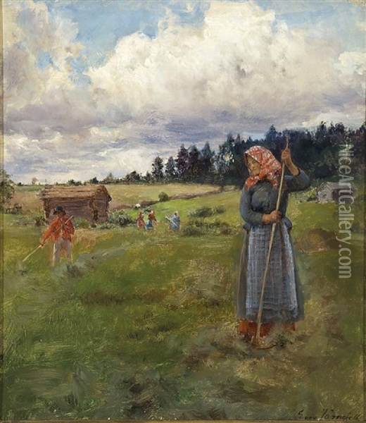 Haymaking On The Yard Of Kerppola Oil Painting - Eero Jaernefelt