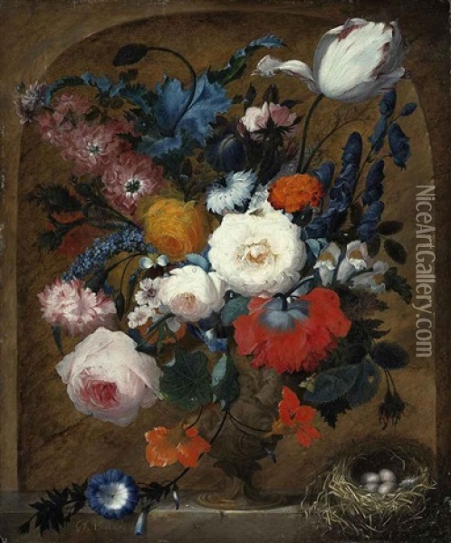 Roses, Peonies, Larkspur And Morning Glory In An Ornamental Urn With A Nest Of Four Eggs, On A Stone Ledge Oil Painting - Jan van Os
