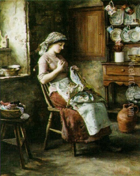 Young Woman Making A Quilt Oil Painting - Francis Sydney Muschamp