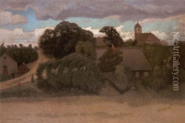 Sturmischer Sommertag Mit Worpsweder Kirche - Auf Dem Weg Bergan Eine Bauerin Mit Kleinem Madchen Oil Painting - Otto Modersohn