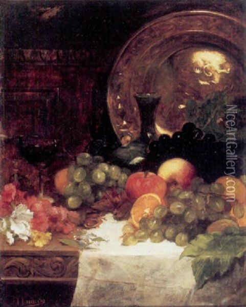 A Still Life With Fruit, Flowers, And A Glass Of Wine On A Table With An Ornamental Plate Behind Oil Painting - Joseph Mordecai