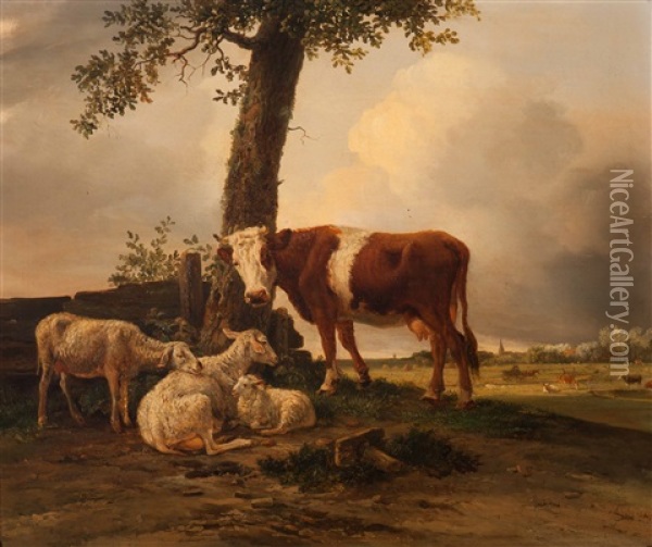 Cow With Two Ewes And A Lamb Under A Tree Oil Painting - Balthasar Paul Ommeganck