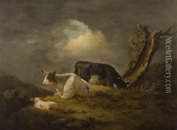 Cattle Resting By An Old Tree Oil Painting - George Garrard