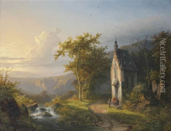 A Landscape With Brook, Pilgrims And A Chapel Oil Painting - Bonifacius Cornelis Schneiders Van Greyffenswerth