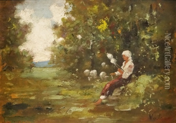 Woman Spinning Oil Painting - Ion Marinescu-Valsan