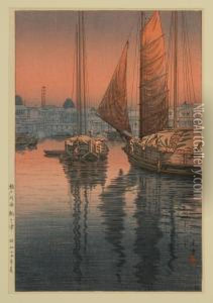 Sunset Harbor Scene Oil Painting - Tsuchiya Koitsu