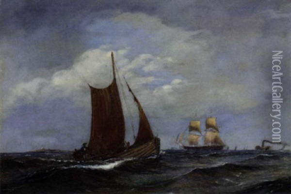 A French Brigantine In Company With A Paddle Steamer And Other Shipping Off A Danish Outpost Oil Painting - Daniel Hermann Anton Melbye