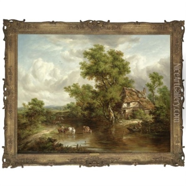 A Cottage With Figures And Livestock By A River, Surrey Oil Painting - Richard H. Hilder